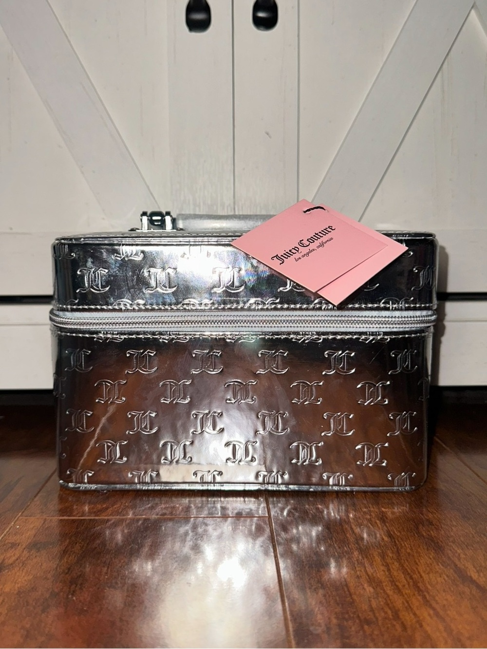 Juicy Couture Silver Metallic Embossed Train Cosmetic Case